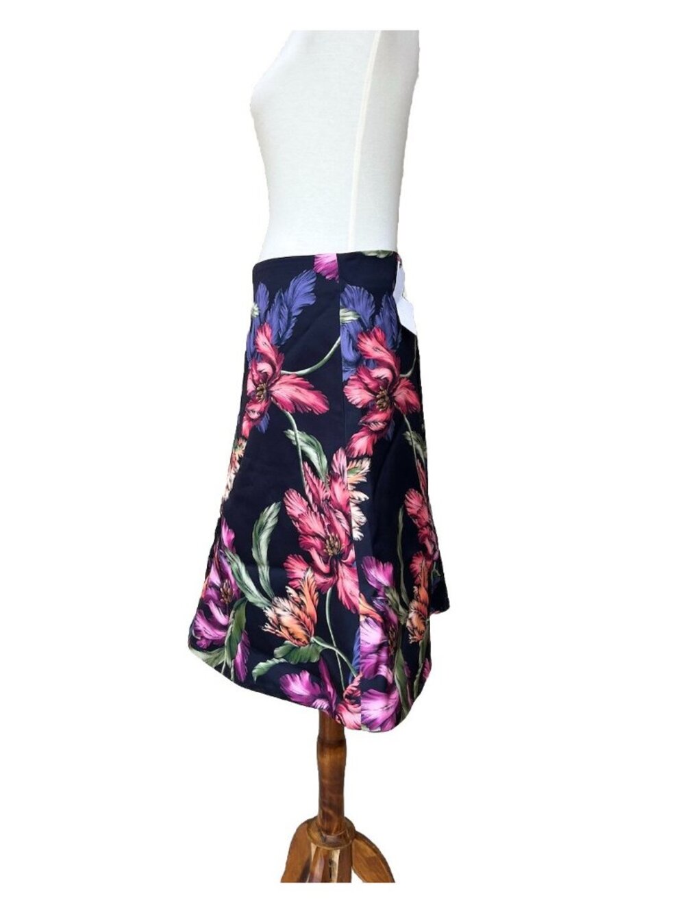 Cameo Night Lily Tropical Floral Midi Skirt Size L Black Lined - Picture 2 of 16